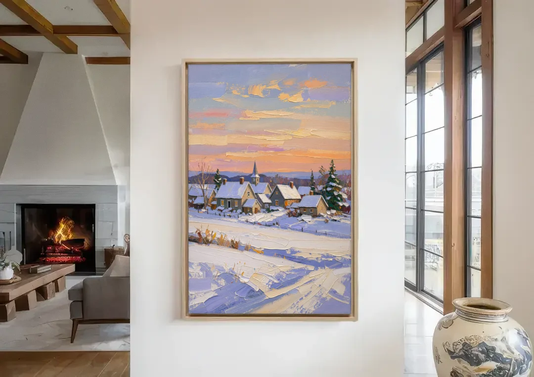Snowy Village and Steeple at Dawn canvas wall art in a living room with a fireplace