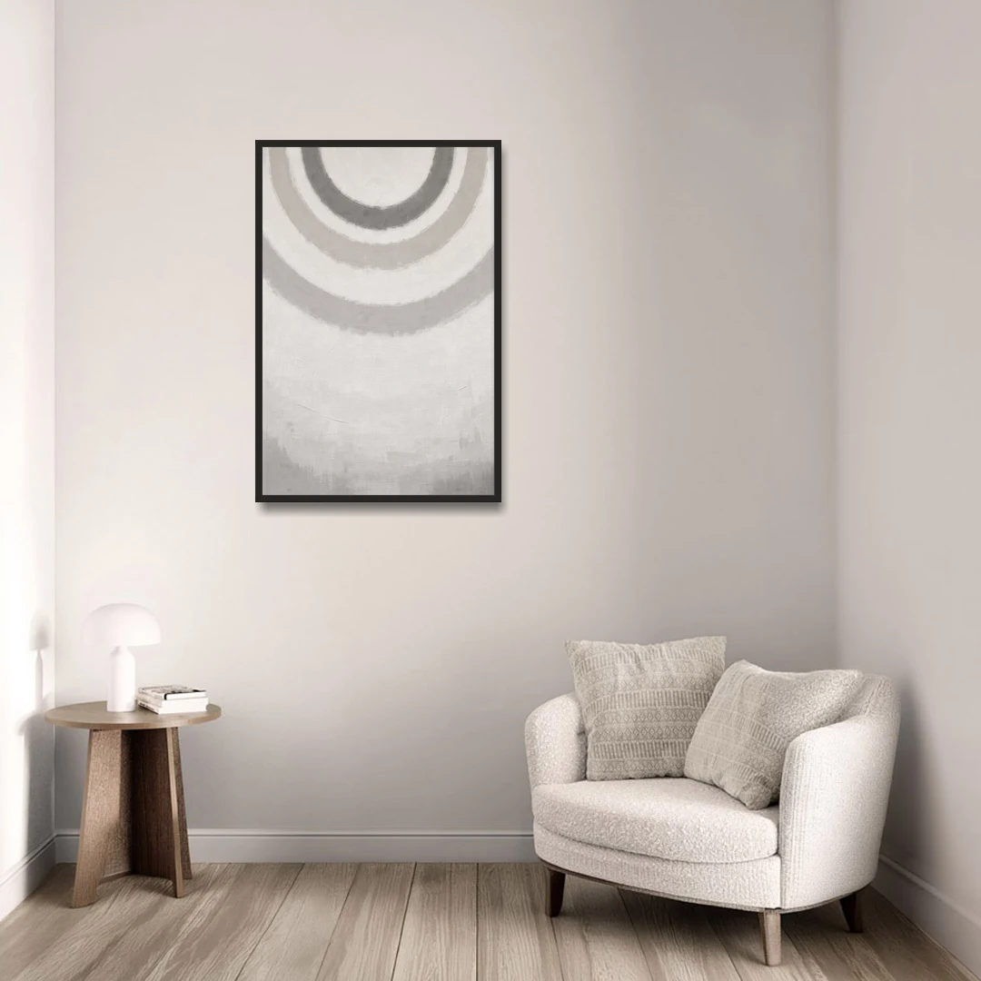 Soft Abstract Painting of Three Grey Ripples - Black Framed Canvas Wall Art - Sofa - 24x36