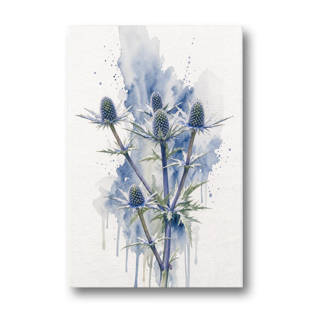 Soft Blue Wall Art of Sea Holly Thistles - Canvas Wall Art - Front