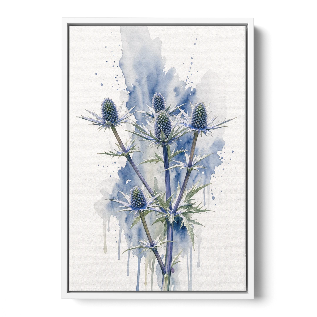 Soft Blue Wall Art of Sea Holly Thistles - White Framed Canvas Wall Art - Front