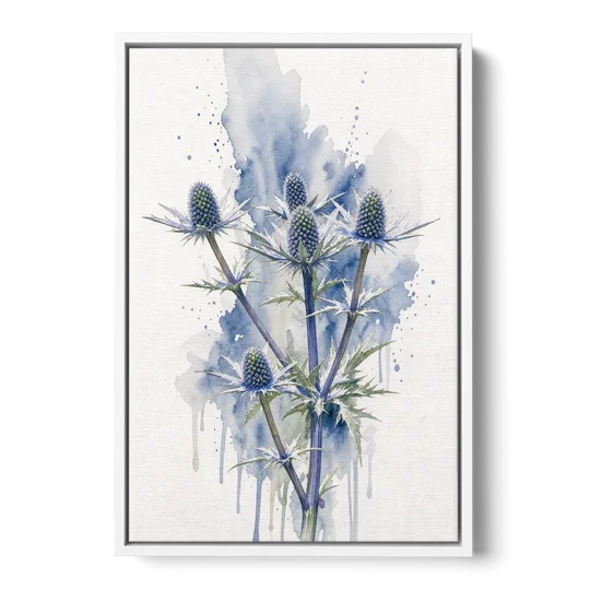 Soft Blue Wall Art of Sea Holly Thistles - White Framed Canvas Wall Art - Front