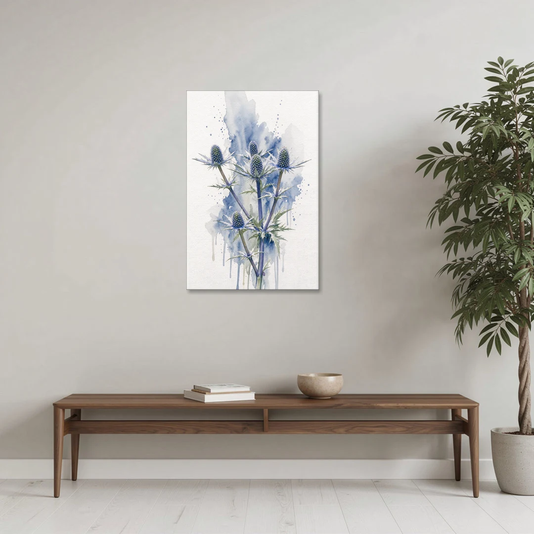 Soft Blue Wall Art of Sea Holly Thistles - Canvas Wall Art - Coffee Table - 24x36