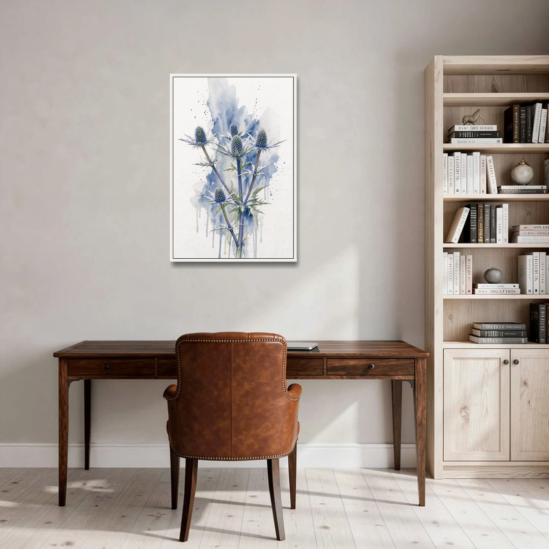 Soft Blue Wall Art of Sea Holly Thistles - White Framed Canvas Wall Art - Office - 24x36