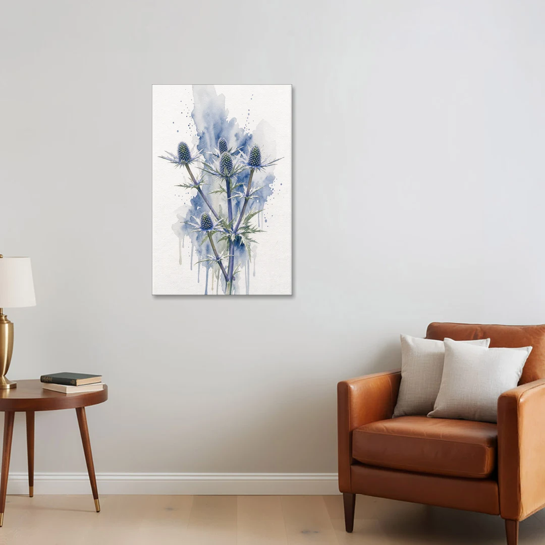 Soft Blue Wall Art of Sea Holly Thistles - Canvas Wall Art - Sofa - 24x36