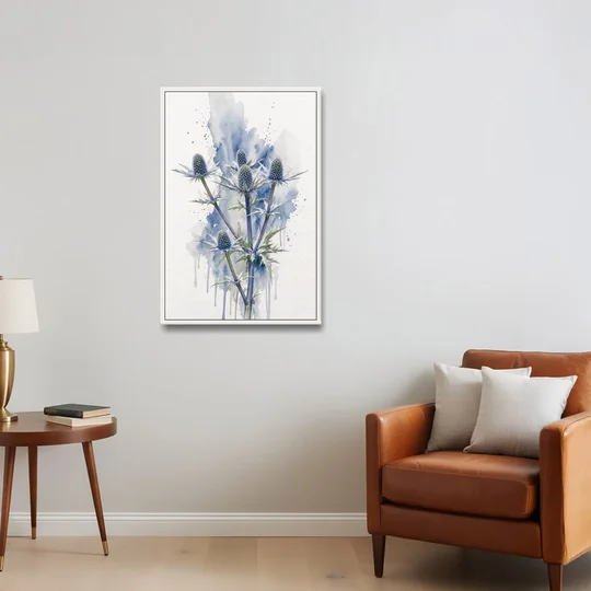 Soft Blue Wall Art of Sea Holly Thistles - White Framed Canvas Wall Art - Sofa - 24x36