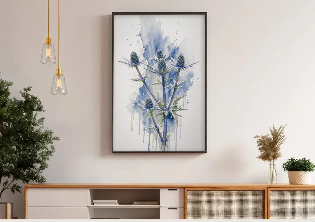 Soft Blue Wall Art of Sea Holly Thistles canvas wall art above a wooden sideboard under pendant lights