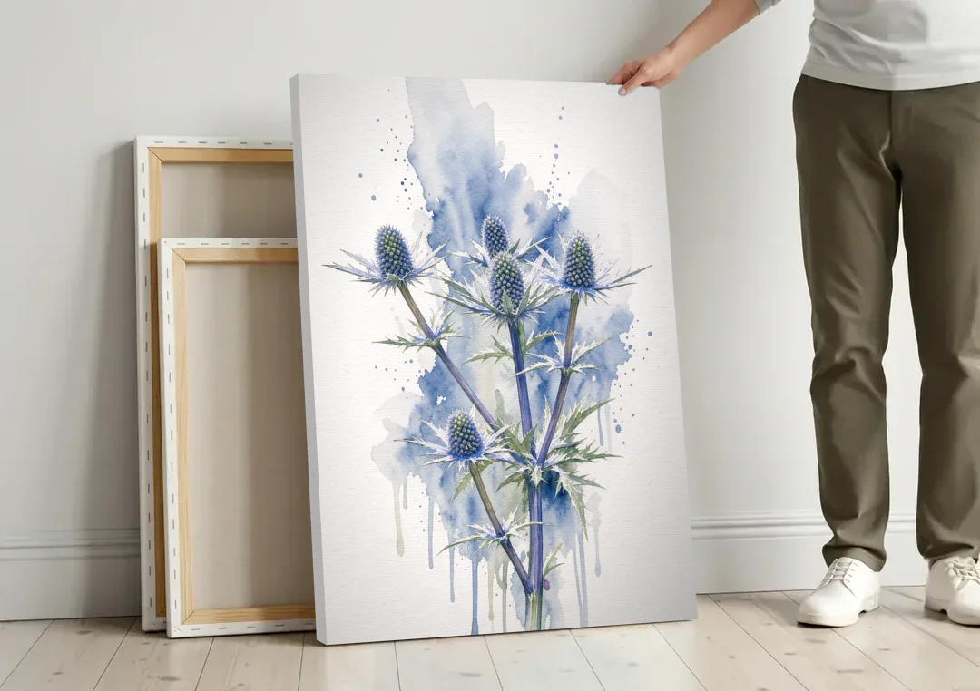 Soft Blue Wall Art of Sea Holly Thistles canvas wall art leaning against a wall next to blank canvases
