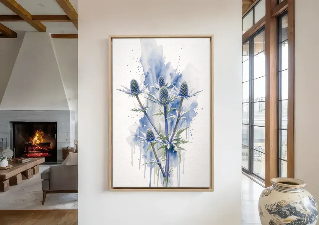 Soft Blue Wall Art of Sea Holly Thistles canvas wall art in a living room with a fireplace