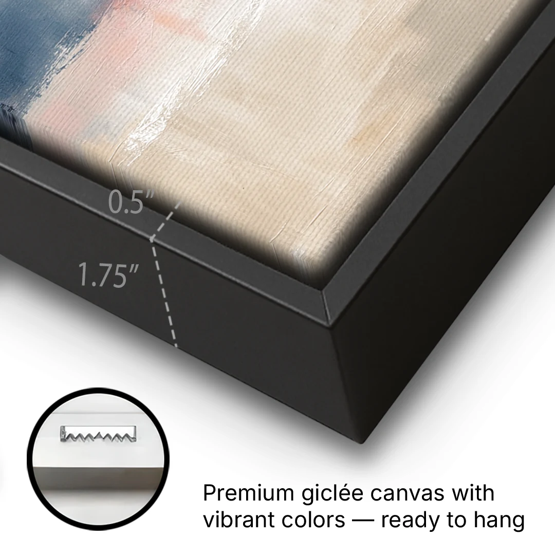 Soft Horizon Bands with a Blush Stroke - Black Framed Canvas Wall Art - Gallery Wrap Corner