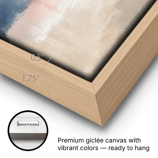 Soft Horizon Bands with a Blush Stroke - Oak Framed Canvas Wall Art - Gallery Wrap Corner