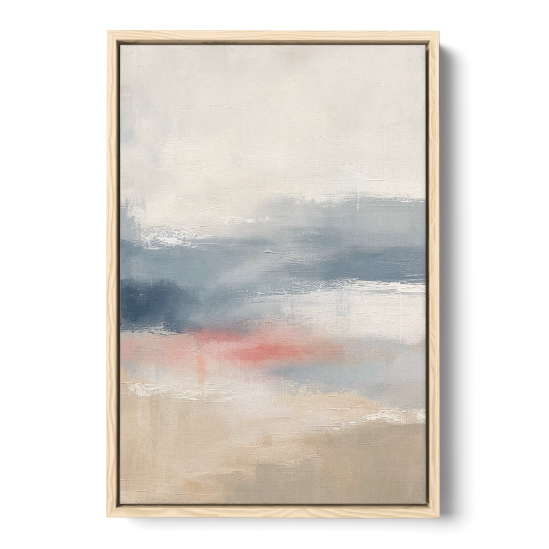 Soft Horizon Bands with a Blush Stroke - Oak Framed Canvas Wall Art - Front