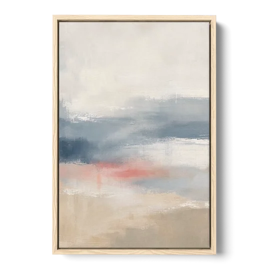 Soft Horizon Bands with a Blush Stroke - Oak Framed Canvas Wall Art - Front