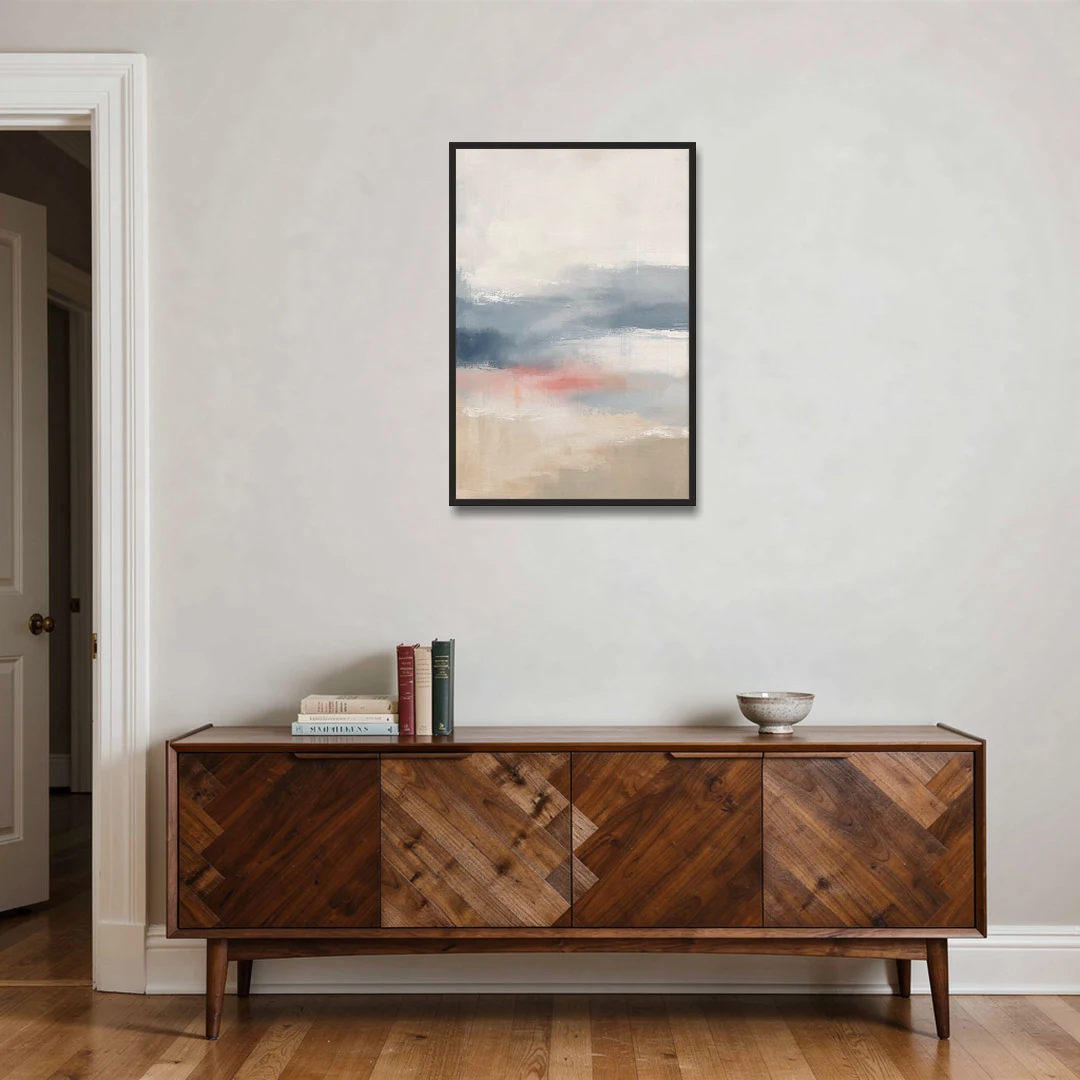 Soft Horizon Bands with a Blush Stroke - Black Framed Canvas Wall Art - Coffee Table - 24x36