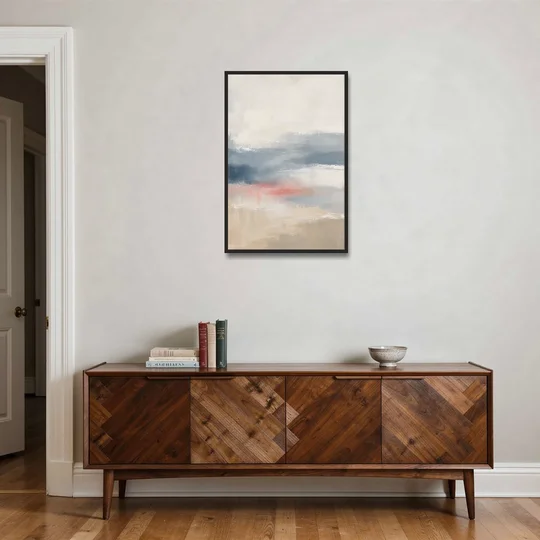 Soft Horizon Bands with a Blush Stroke - Black Framed Canvas Wall Art - Coffee Table - 24x36