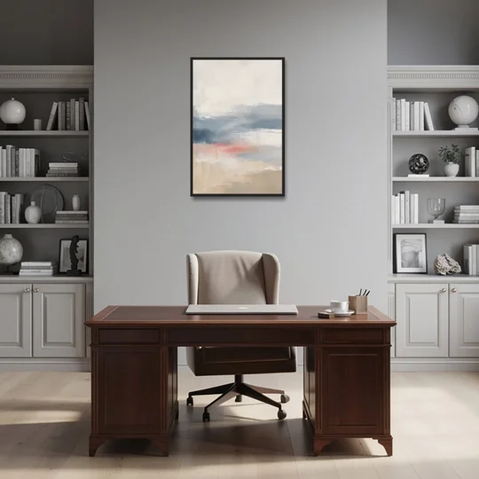 Soft Horizon Bands with a Blush Stroke - Black Framed Canvas Wall Art - Office - 24x36
