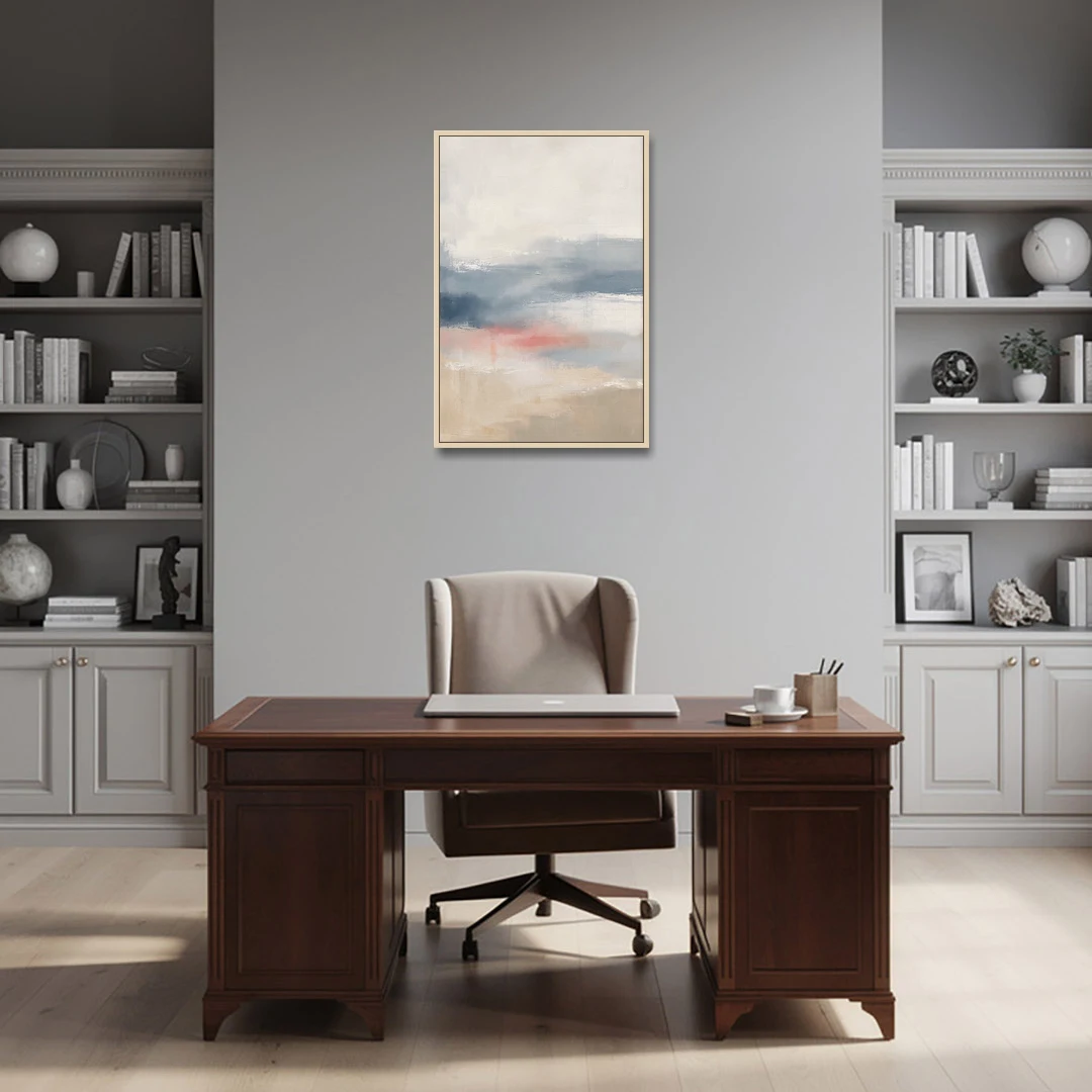 Soft Horizon Bands with a Blush Stroke - Oak Framed Canvas Wall Art - Office - 24x36