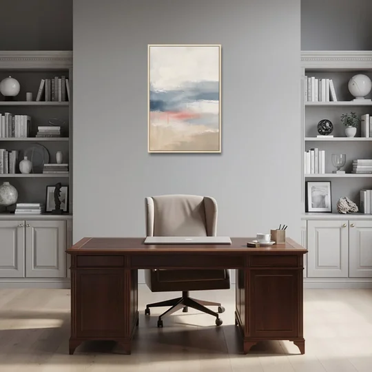Soft Horizon Bands with a Blush Stroke - Oak Framed Canvas Wall Art - Office - 24x36
