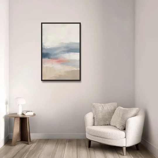 Soft Horizon Bands with a Blush Stroke - Black Framed Canvas Wall Art - Sofa - 24x36