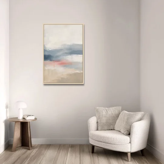 Soft Horizon Bands with a Blush Stroke - Oak Framed Canvas Wall Art - Sofa - 24x36
