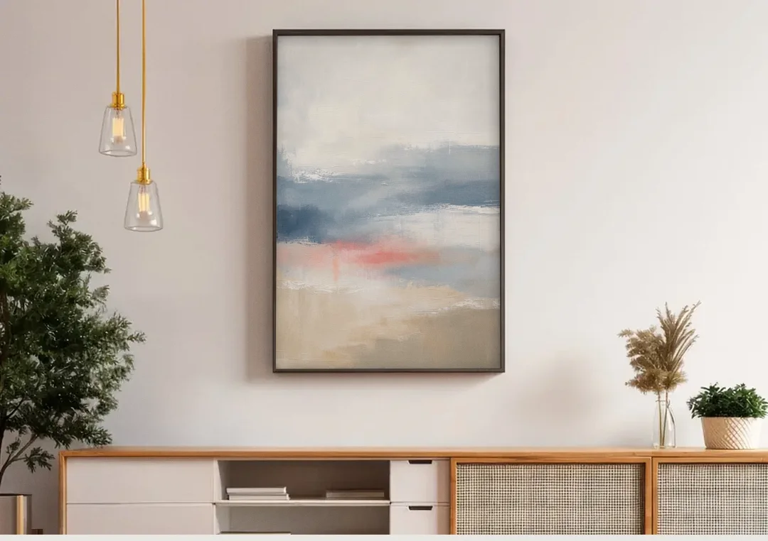 Soft Horizon Bands with a Blush Stroke canvas wall art above a wooden sideboard under pendant lights