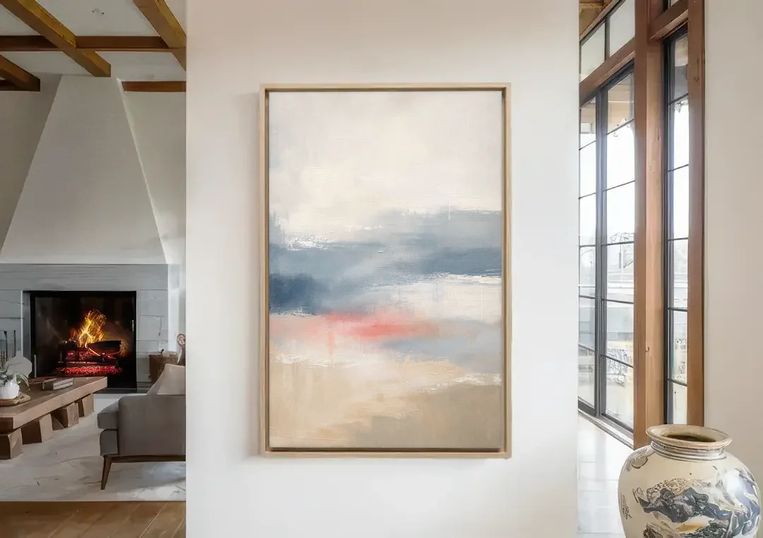 Soft Horizon Bands with a Blush Stroke canvas wall art in a living room with a fireplace