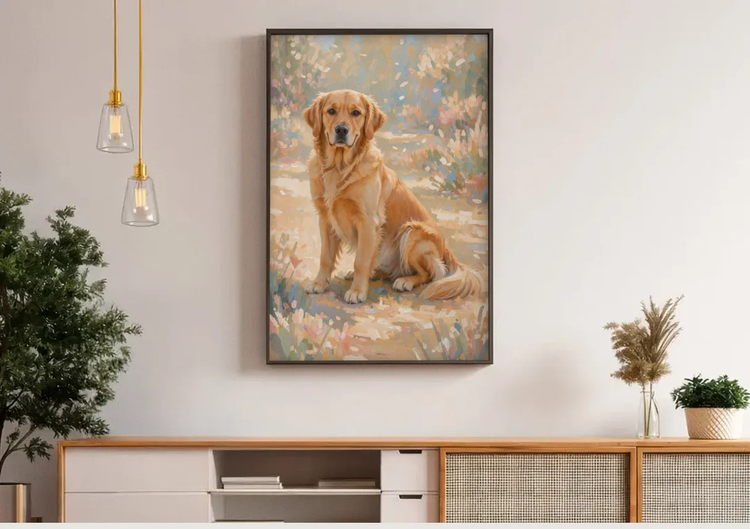Soft Light Golden Retriever Oil Painting canvas wall art above a wooden sideboard under pendant lights