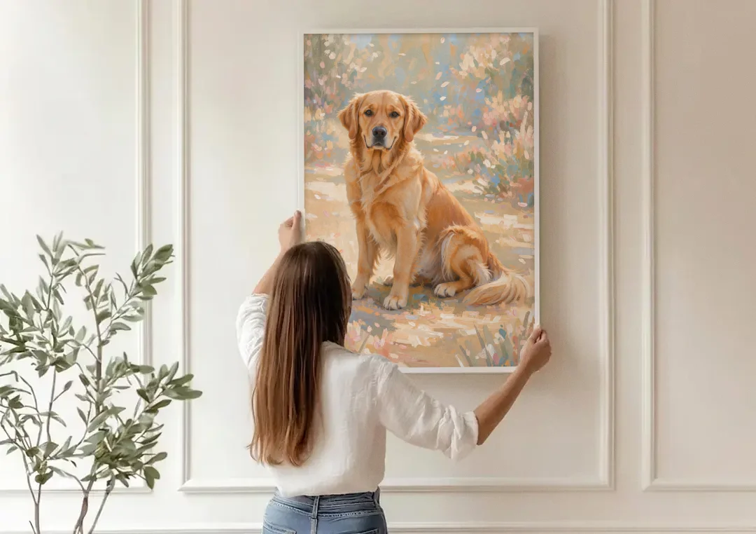Soft Light Golden Retriever Oil Painting canvas wall art being hung on a paneled wall