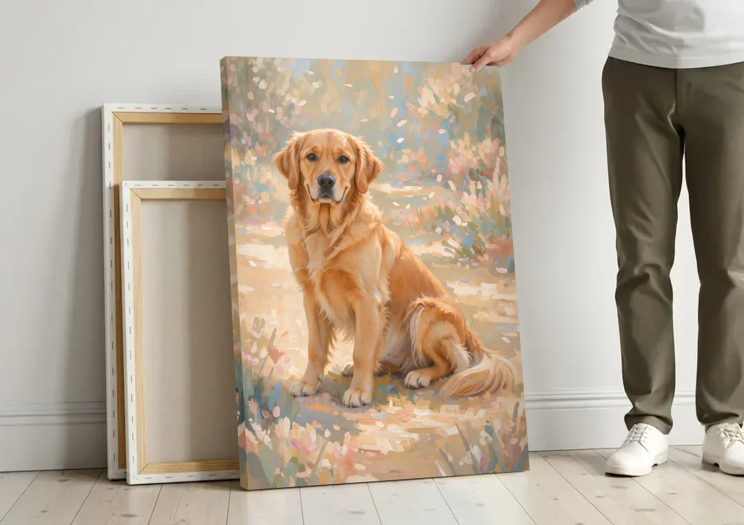 Soft Light Golden Retriever Oil Painting canvas wall art leaning against a wall next to blank canvases