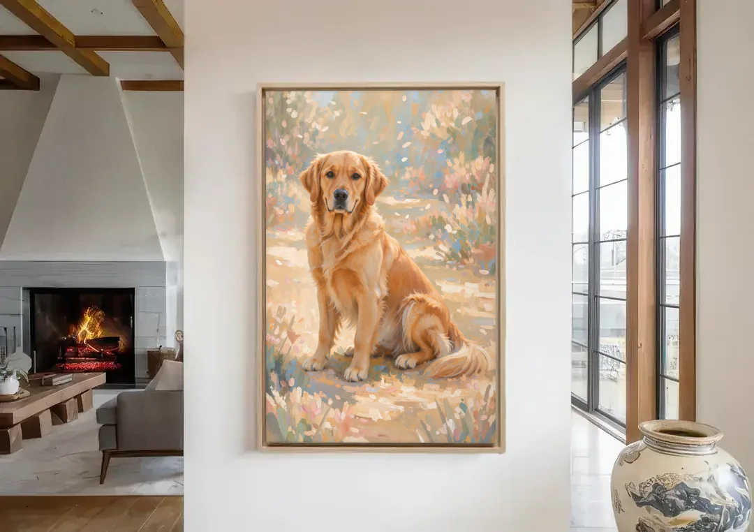Soft Light Golden Retriever Oil Painting canvas wall art in a living room with a fireplace