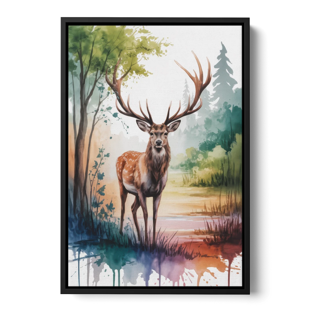 Soft Watercolor Deer - Black Framed Canvas Wall Art - Front