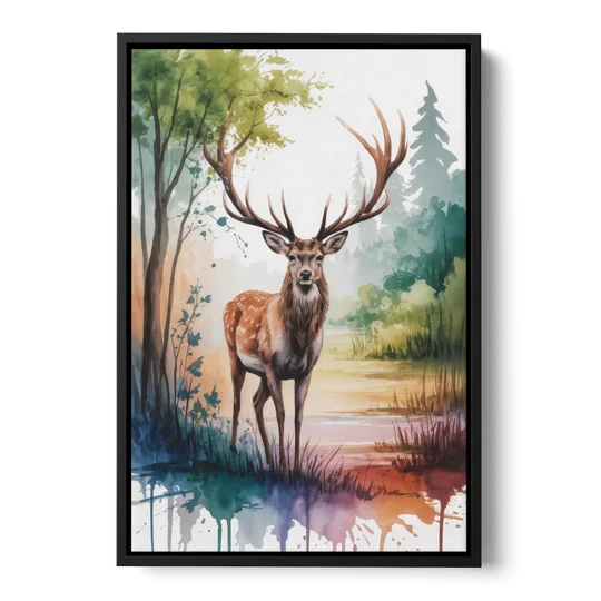 Soft Watercolor Deer - Black Framed Canvas Wall Art - Front