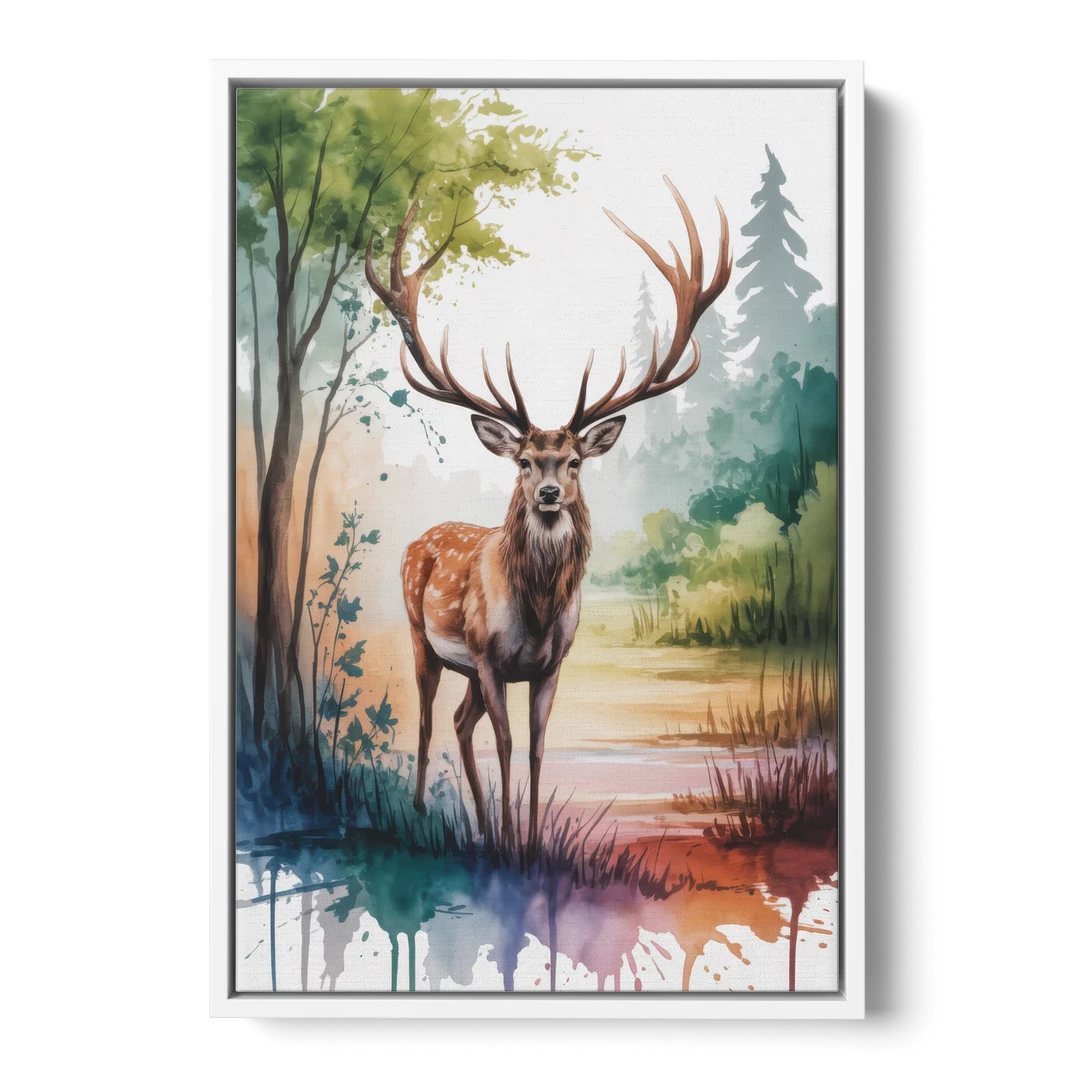 Soft Watercolor Deer - White Framed Canvas Wall Art - Front