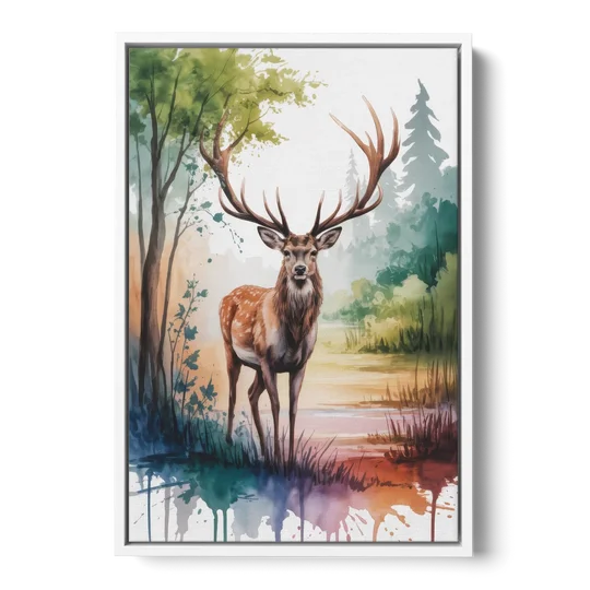 Soft Watercolor Deer - White Framed Canvas Wall Art - Front