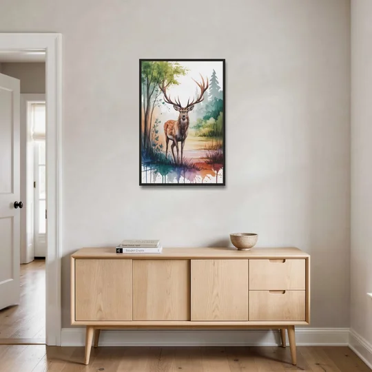 Soft Watercolor Deer - Black Framed Canvas Wall Art - Coffee Table - 24x36