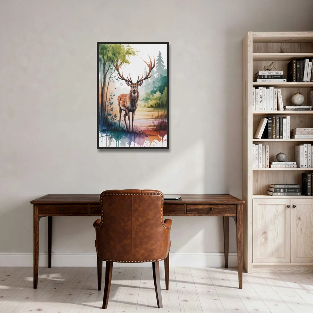 Soft Watercolor Deer - Black Framed Canvas Wall Art - Office - 24x36