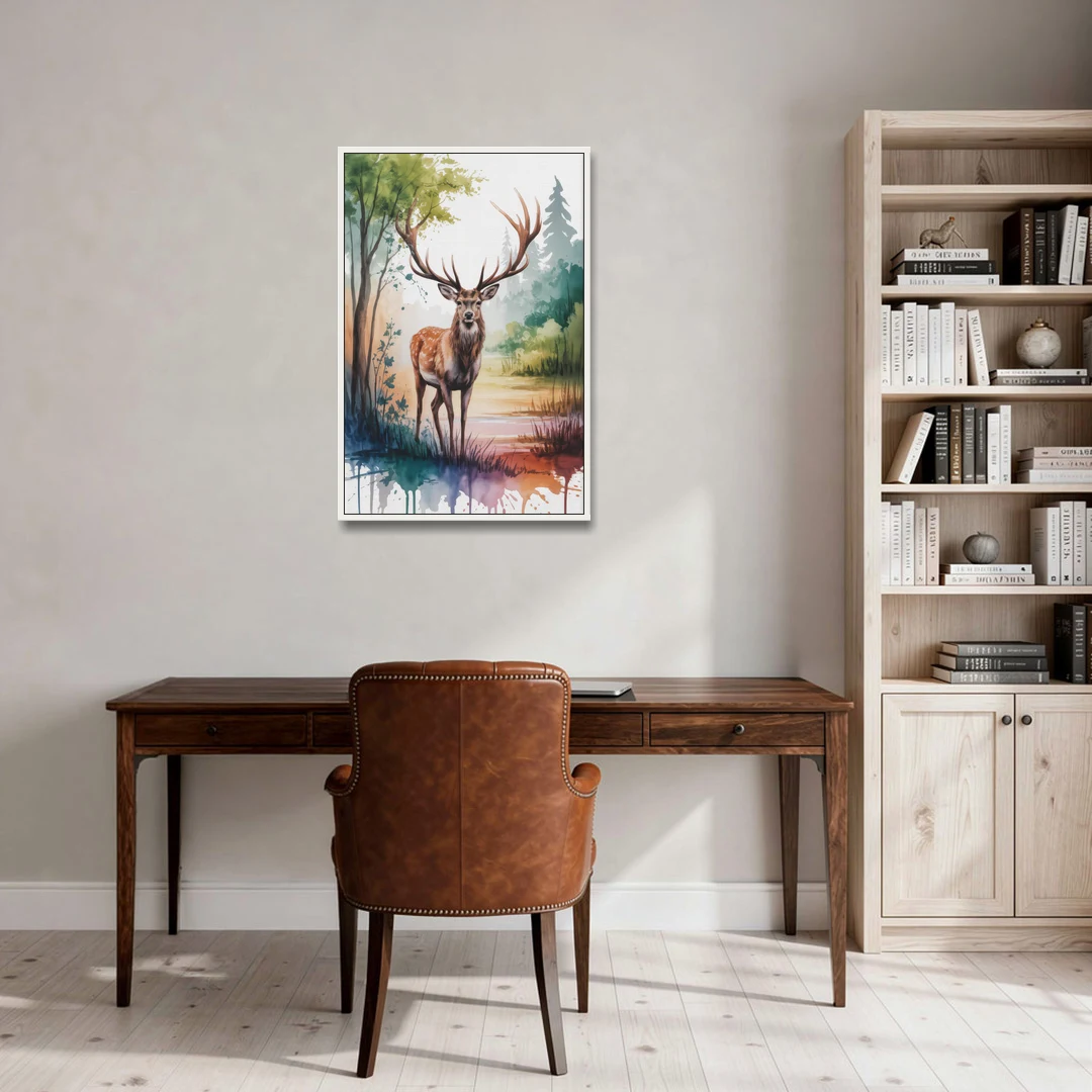 Soft Watercolor Deer - White Framed Canvas Wall Art - Office - 24x36