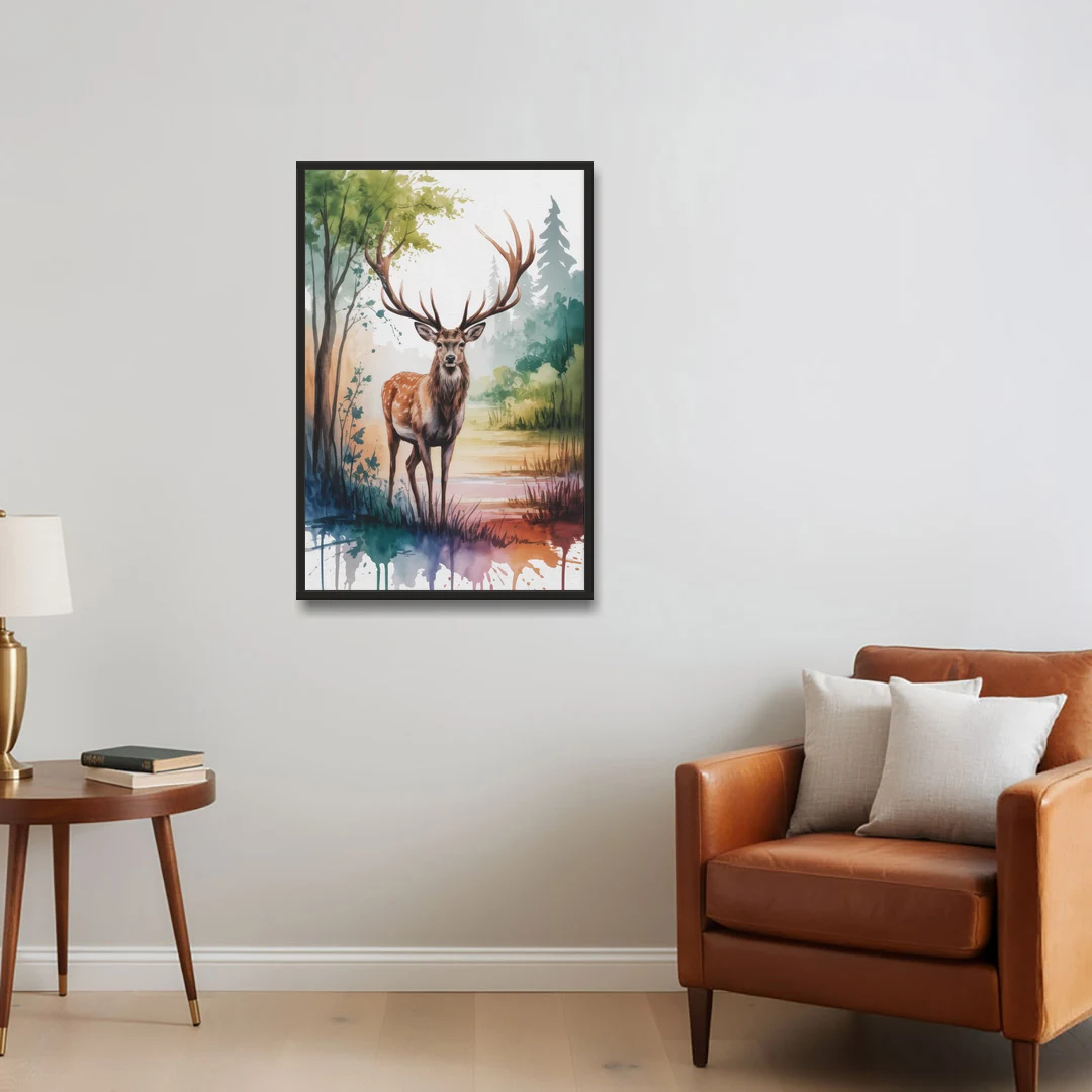 Soft Watercolor Deer - Black Framed Canvas Wall Art - Sofa - 24x36