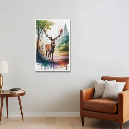 Soft Watercolor Deer - White Framed Canvas Wall Art - Sofa - 24x36