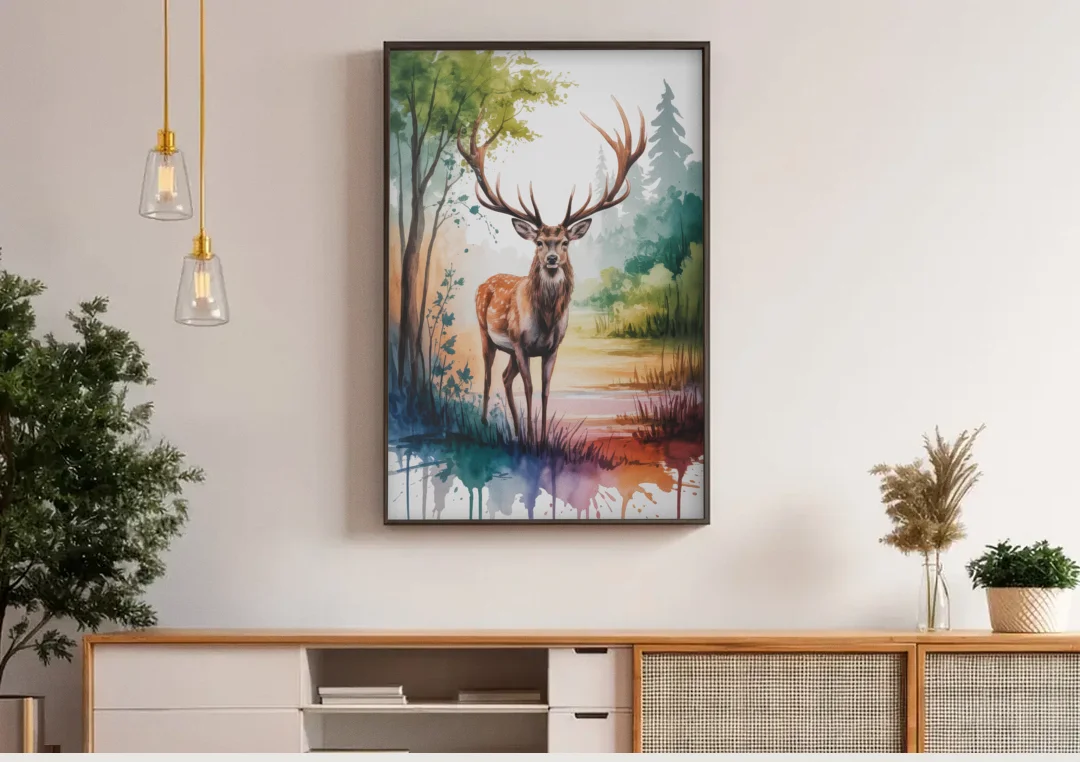 Soft Watercolor Deer canvas wall art above a wooden sideboard under pendant lights