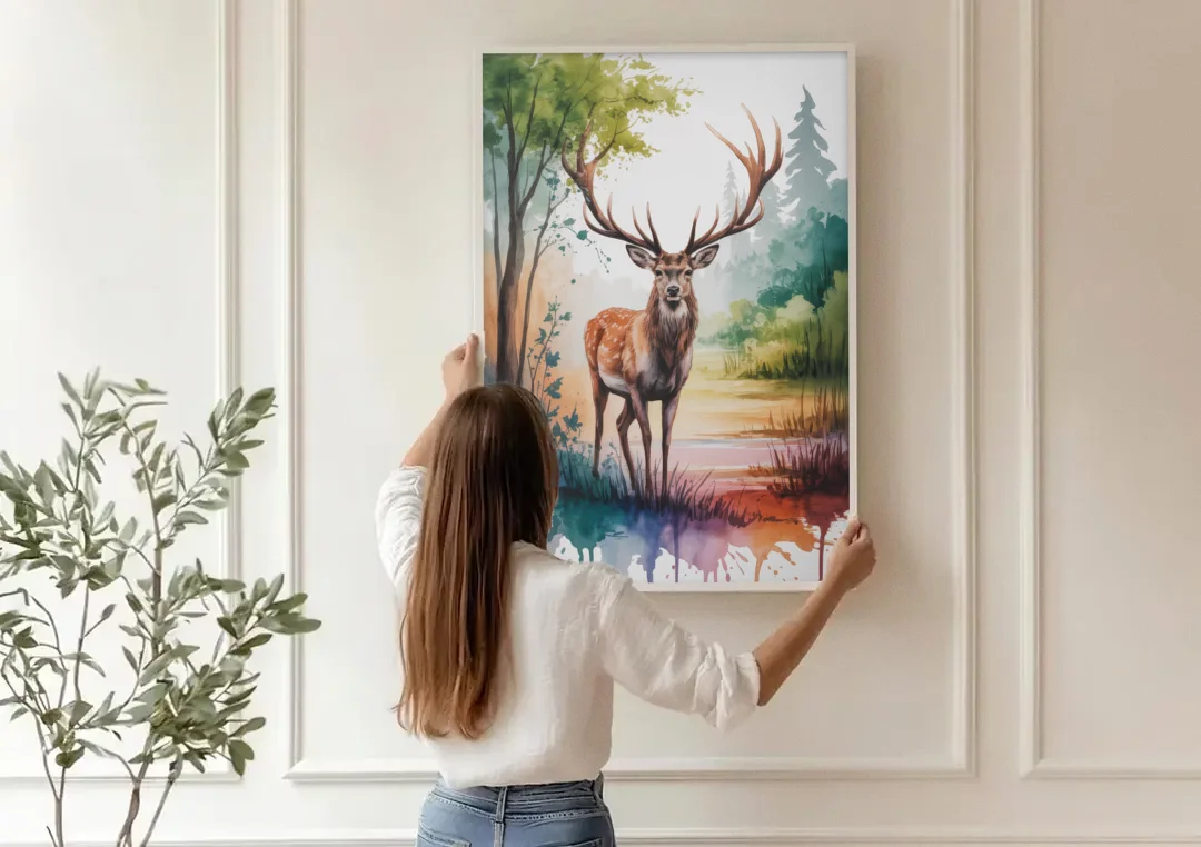 Soft Watercolor Deer canvas wall art being hung on a paneled wall