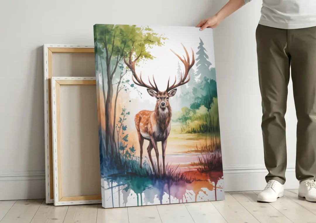 Soft Watercolor Deer canvas wall art leaning against a wall next to blank canvases