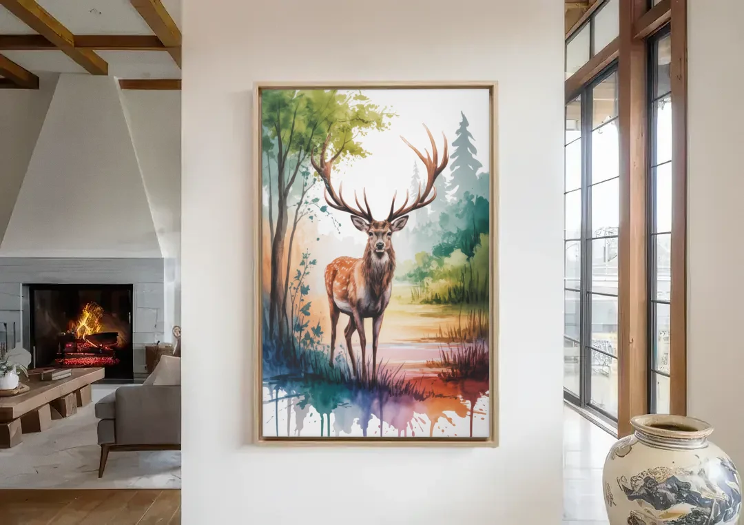 Soft Watercolor Deer canvas wall art in a living room with a fireplace