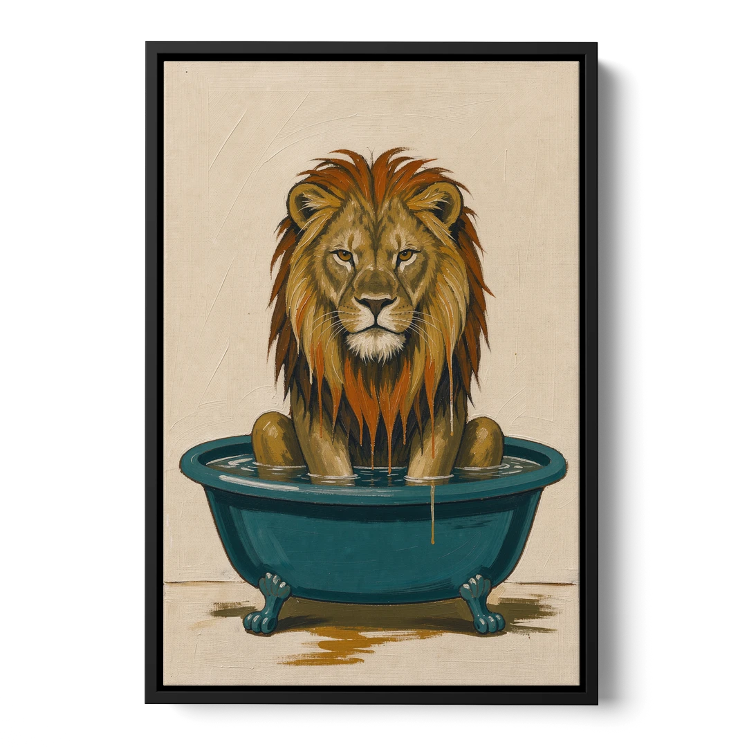 Soggy Lion in a Clawfoot Tub - Black Framed Canvas Wall Art - Front