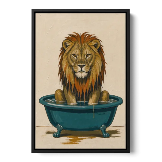 Soggy Lion in a Clawfoot Tub - Black Framed Canvas Wall Art - Front