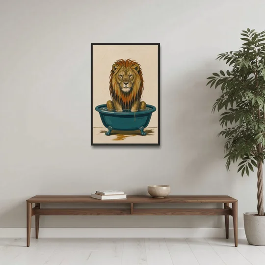 Soggy Lion in a Clawfoot Tub - Black Framed Canvas Wall Art - Coffee Table - 24x36