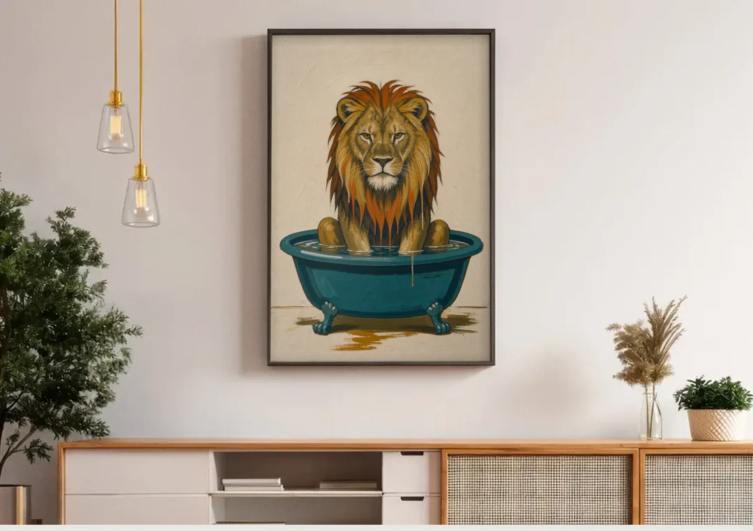 Soggy Lion in a Clawfoot Tub canvas wall art above a wooden sideboard under pendant lights