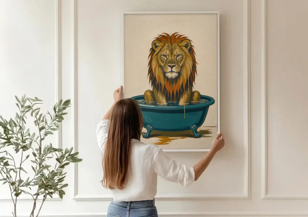 Soggy Lion in a Clawfoot Tub canvas wall art being hung on a paneled wall