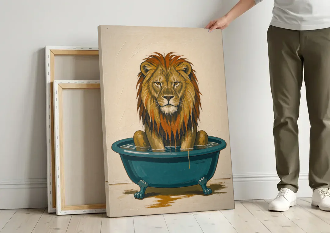 Soggy Lion in a Clawfoot Tub canvas wall art leaning against a wall next to blank canvases