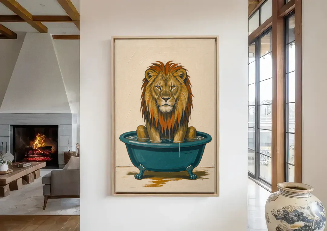 Soggy Lion in a Clawfoot Tub canvas wall art in a living room with a fireplace