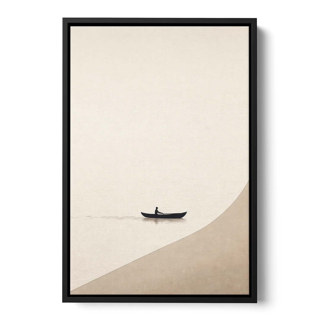 Solitude Painting of a Lone Rower at Dawn - Black Framed Canvas Wall Art - Front